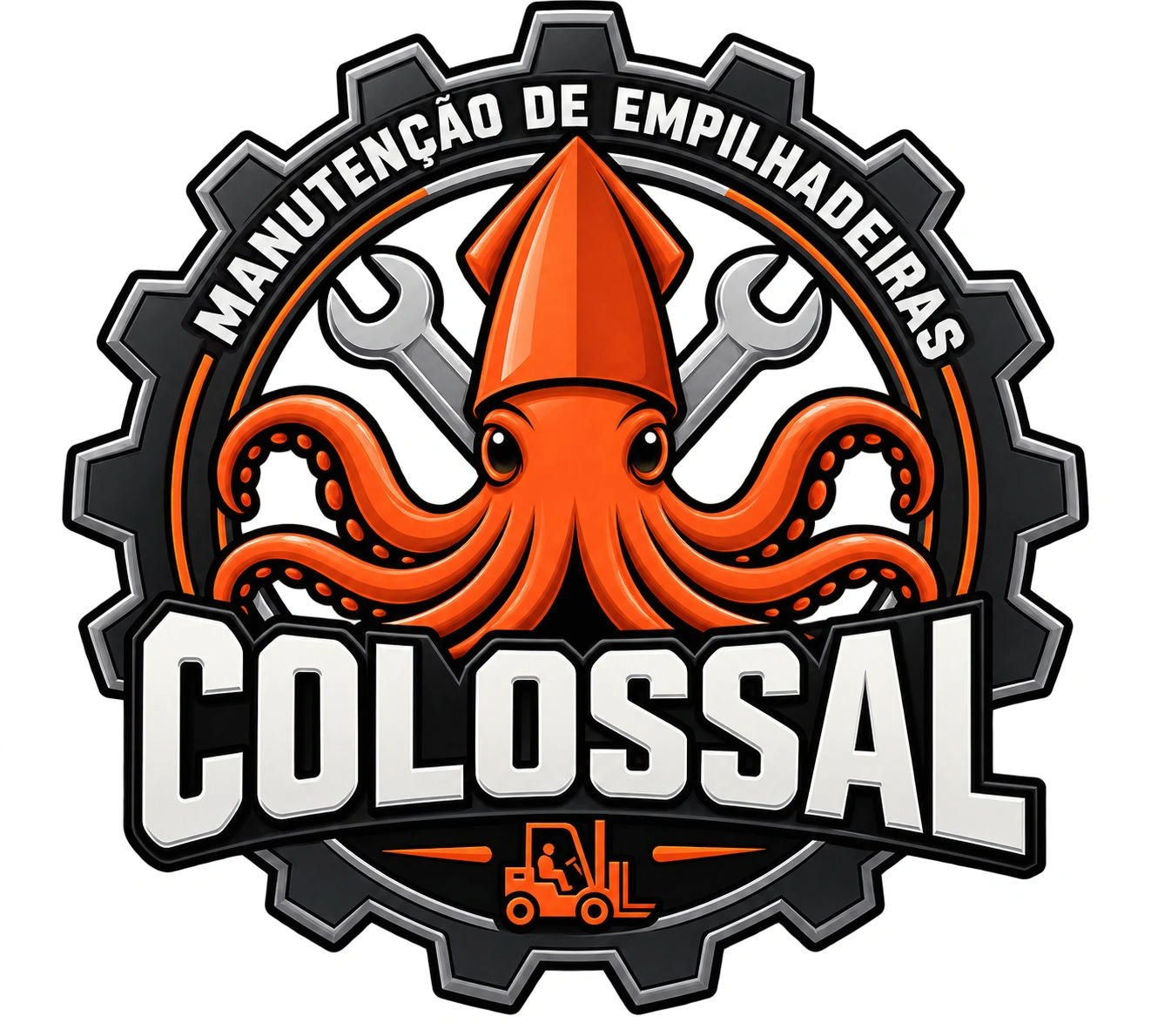 Emblema Colossal com engrenagem, ferramentas e lula laranja